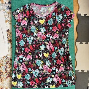 Y2K Floral Heart Print Nightgown XL Lace Trim Bright Colorful Soft Pink Black